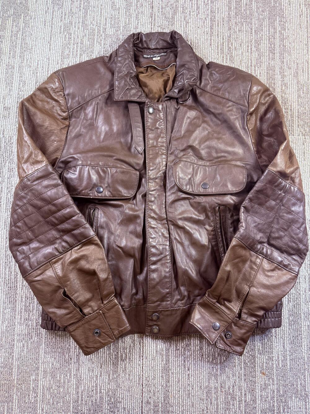 Leather Jacket Mens 40 Brown Bomber Quilted Sleeves Zip Front Made in Argentina